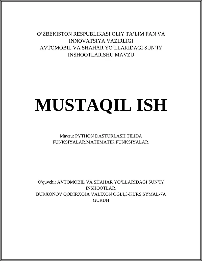 PYTHON DASTURLASH TILIDA FUNKSIYALAR 1