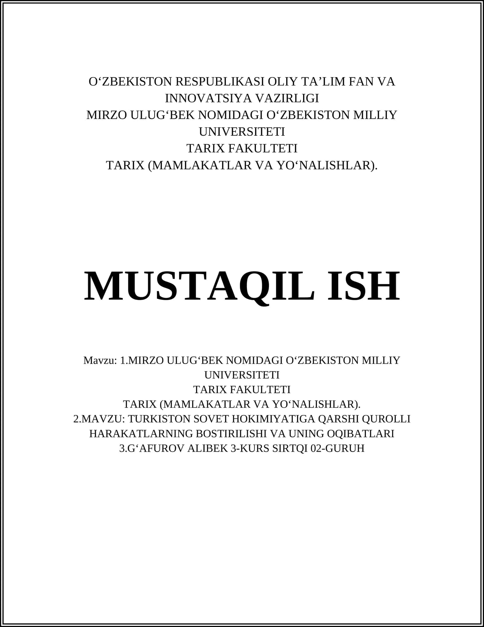 TURKISTON SOVET HOKIMIYATIGA QARSHI QUROLLI HARAKATLARNING BOSTIRILISHI VA UNING OQIBATLARI 1