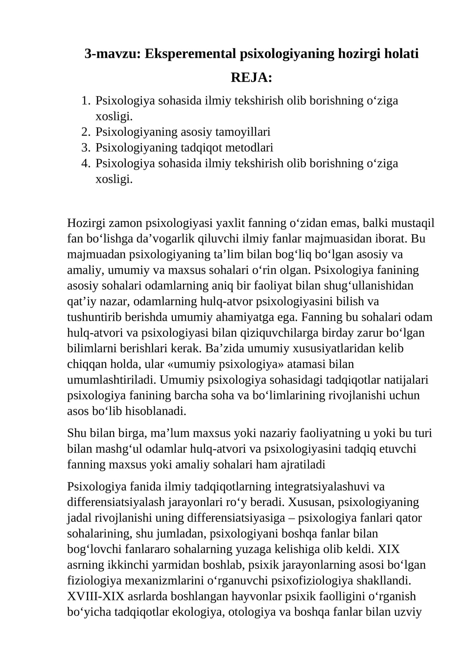eksperimental psixologiyaning hozirgi davrdagi holati 1
