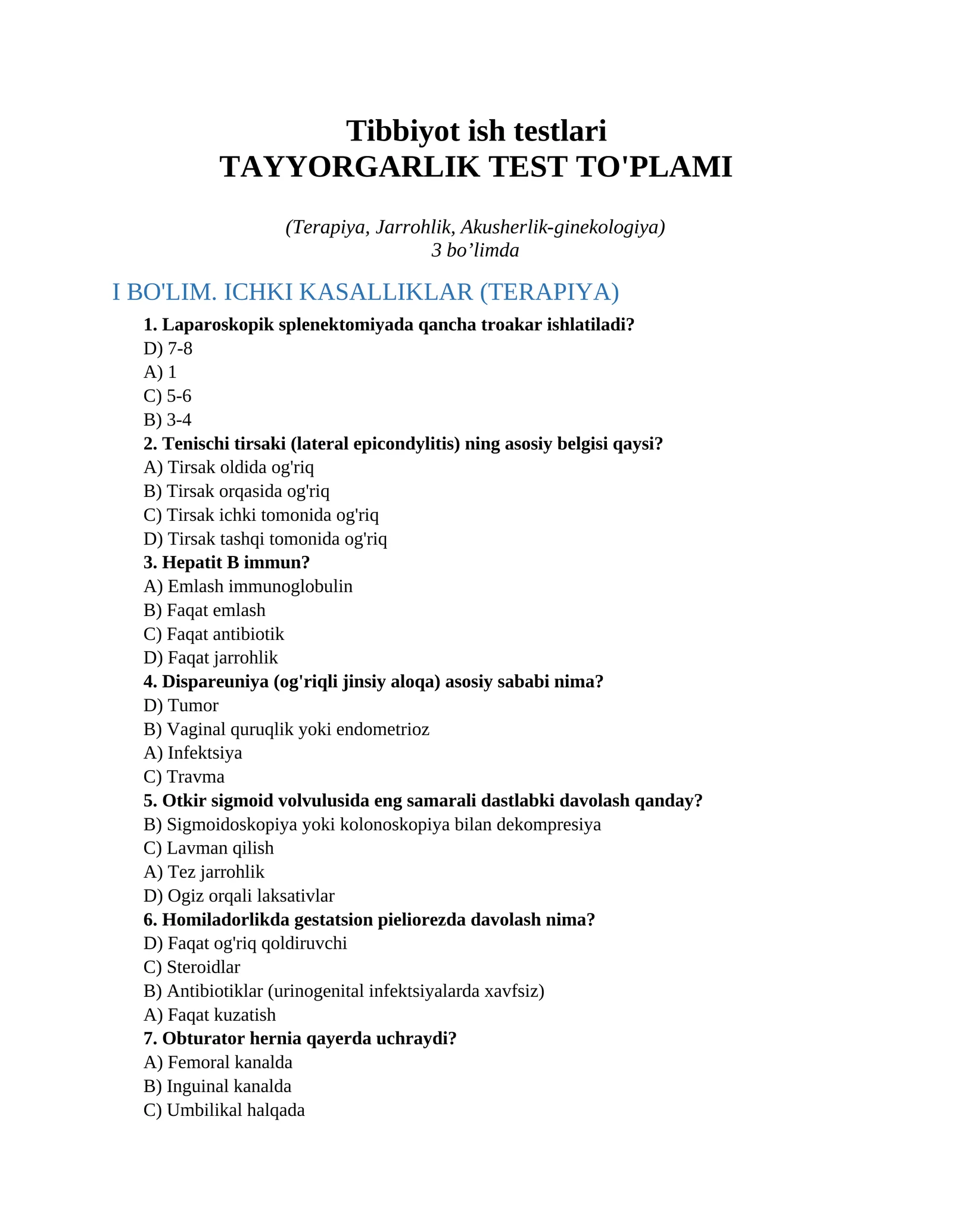 Tibbiyot ish testlari 1