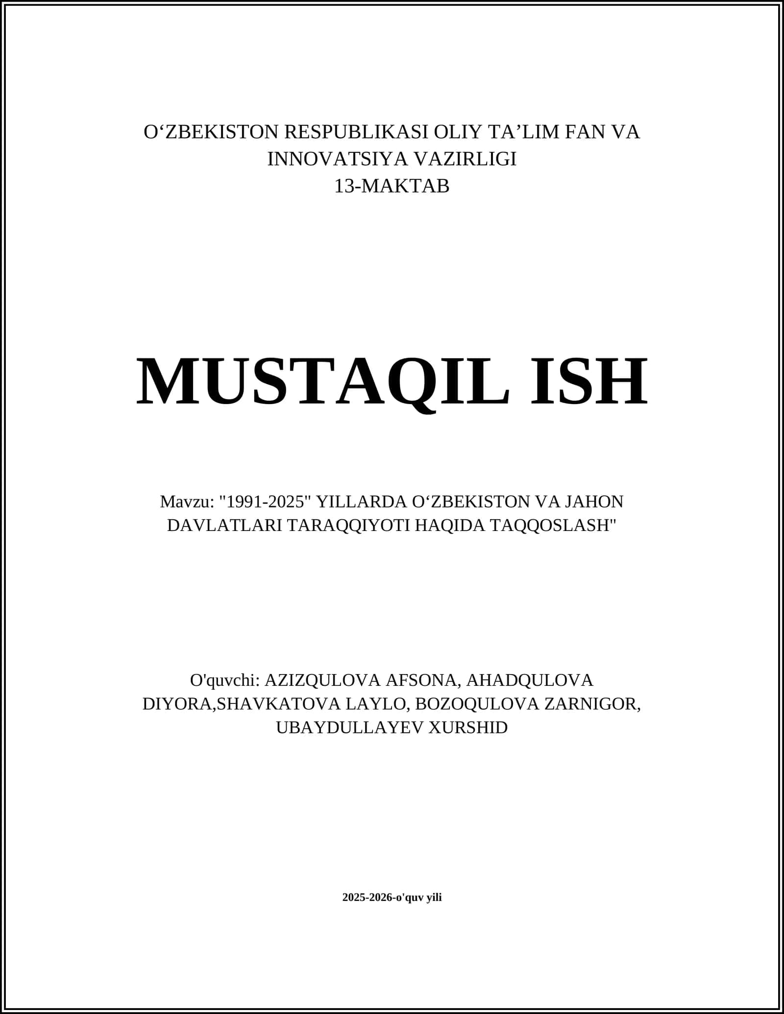 "1991-2025" YILLARDA OʻZBEKISTON VA JAHON DAVLATLARI TARAQQIYOTI HAQIDA TAQQOSLASH 1