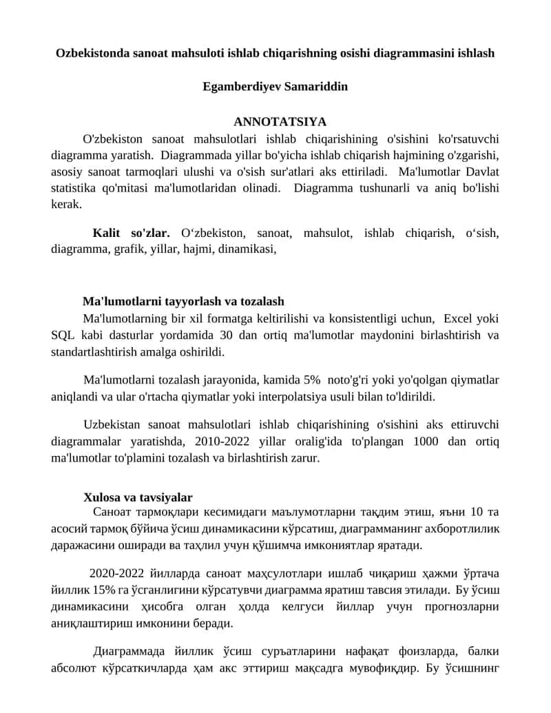 O'zbekistonda sanoat mahsuloti ishlab chiqarishning osishi diagrammasini ishlash 1