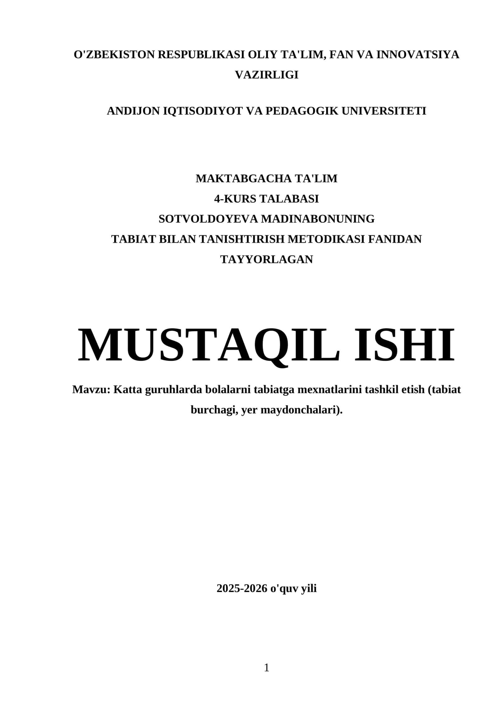 SOTVOLDOYEVA MADINABONUNING TABIAT BILAN TANISHTIRISH METODIKASI FANIDAN TAYYORLAGAN MUSTAQIL ISHI 1