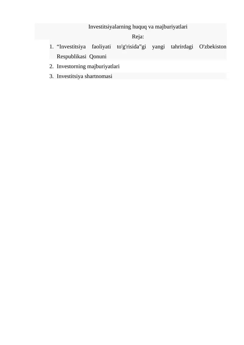 Investitsiyalarning huquq va majburiyatlari 1