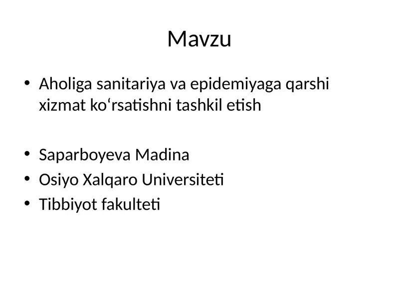 Aholiga sanitariya va epidemiyaga qarshi xizmat ko‘rsatishni tashkil etish 1
