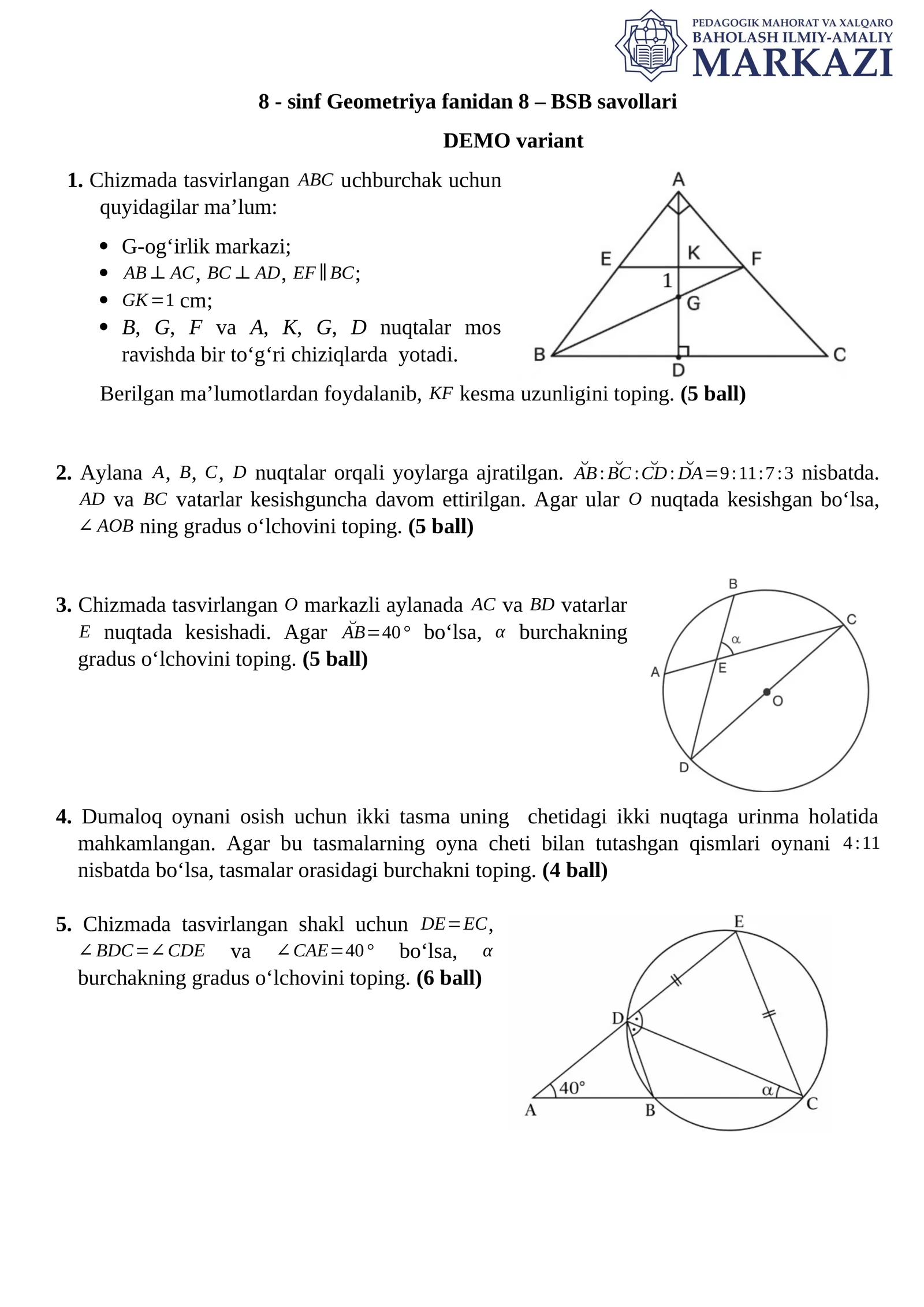 8 - sinf Geometriya fanidan 8 – BSB savollari 1