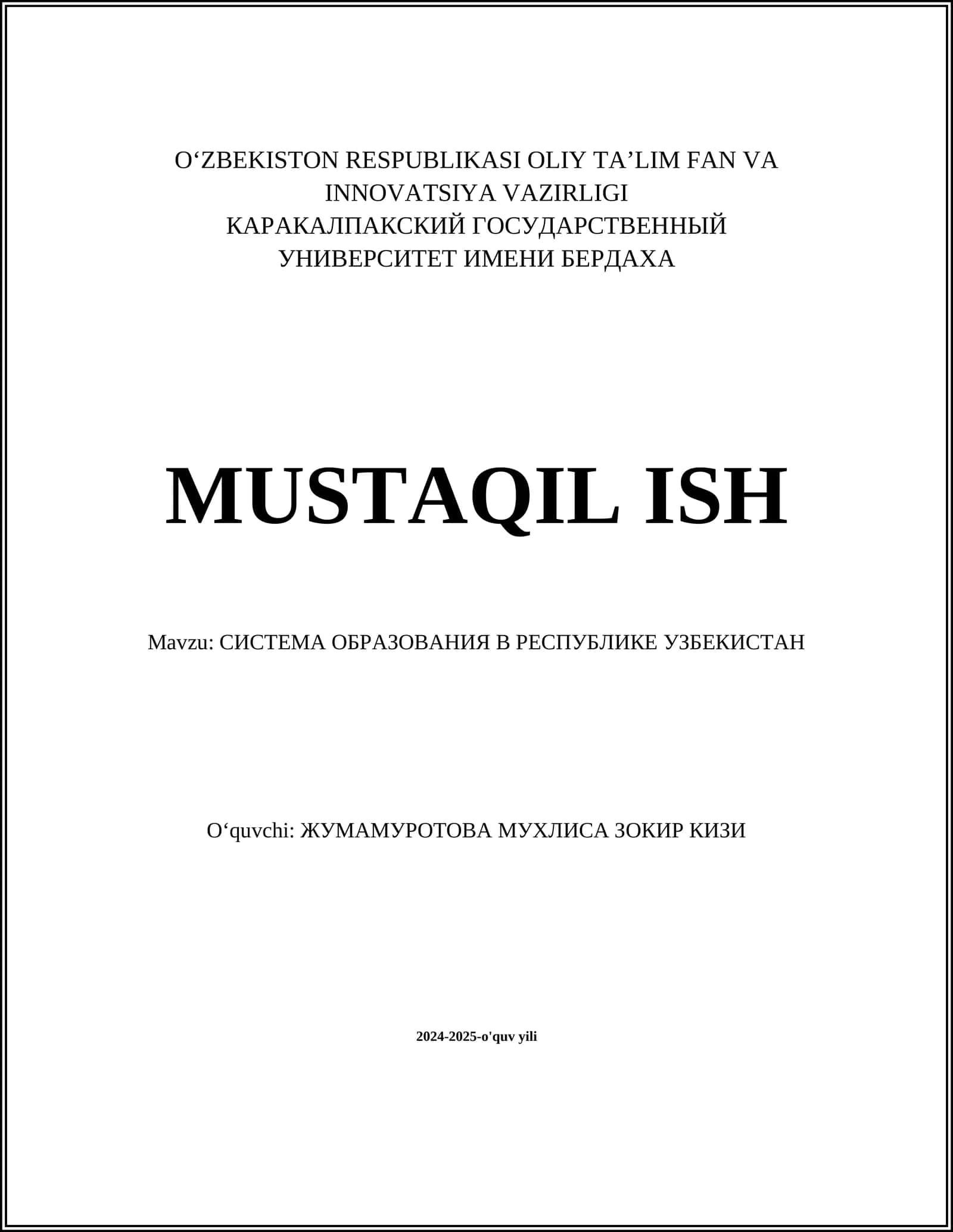 О‘ЗБЕКИСТОН РЕСПУБЛИКАСИ ОЛИЙ ТА‘ЛИМ ФАН ВА ИННОВАЦИЯ ВАЗИРЛИГИ 1