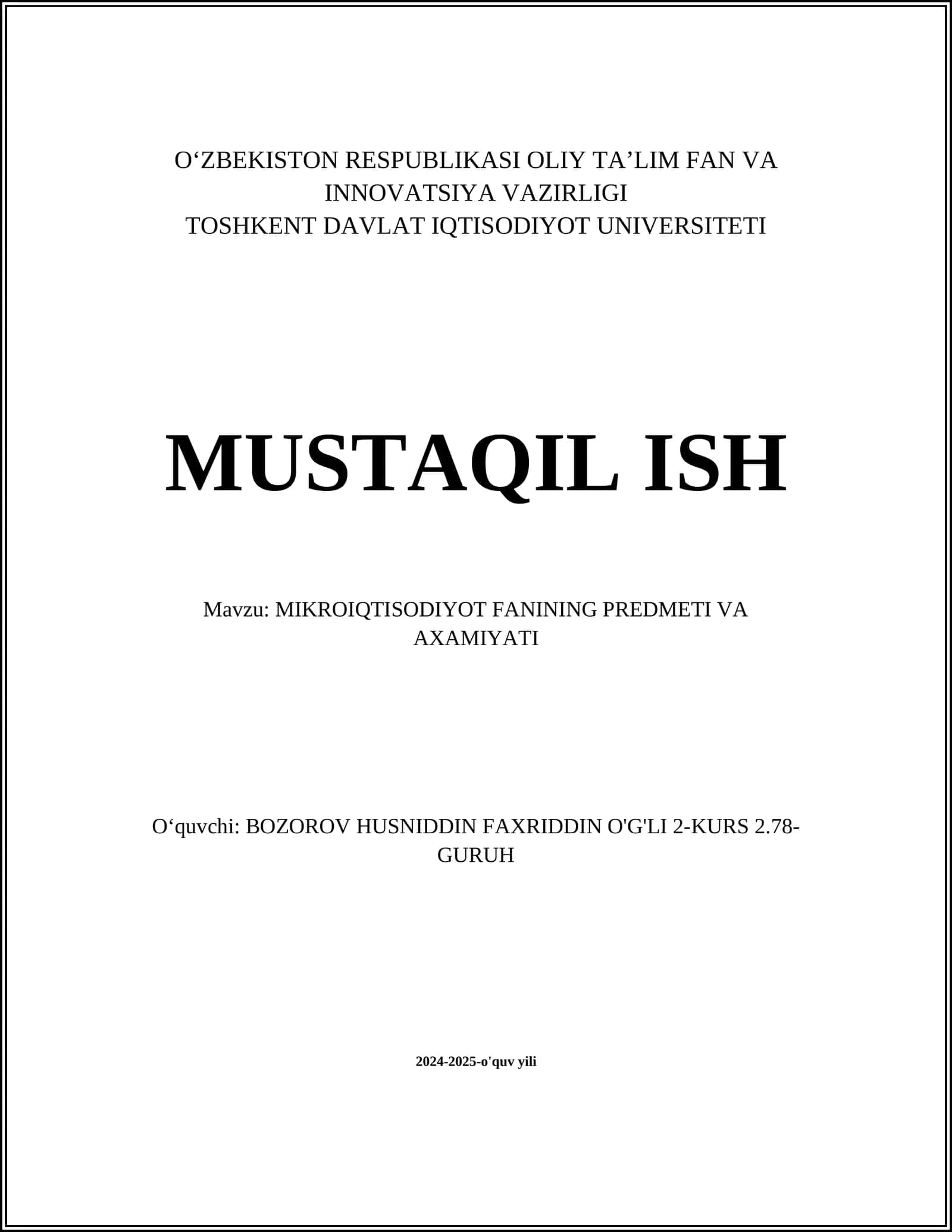 MIKROIQTISODIYOT FANINING PREDMETI VA AXAMIYATI 1