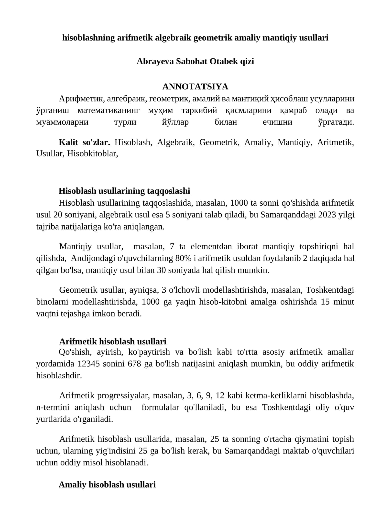 Арифметик, алгебраик, геометрик, амалий ва мантиқий ҳисоблаш усулларини ўрганиш 1