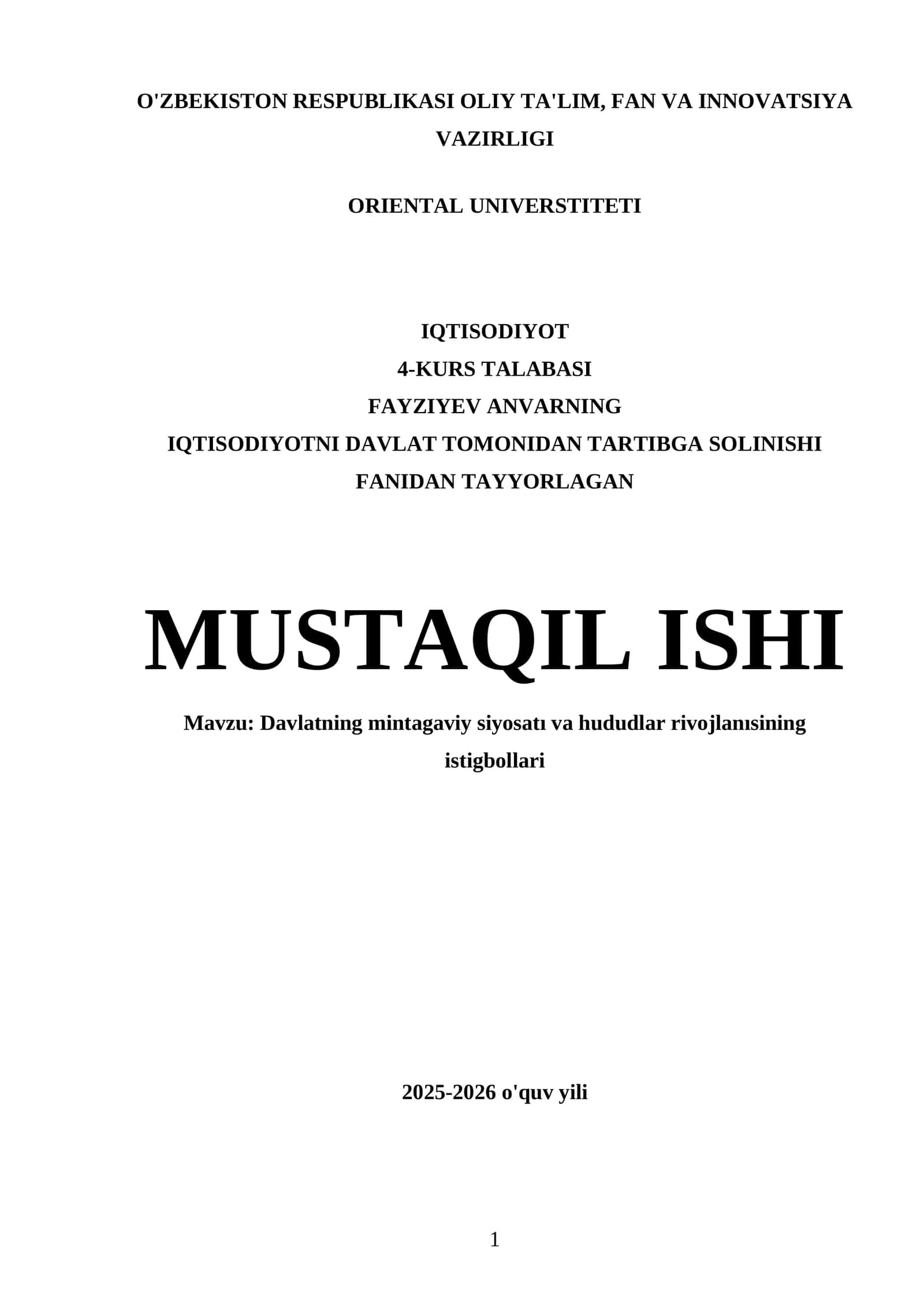 Davlatning mintagaviy siyosatı va hududlar rivojlanısining istigbollari 1