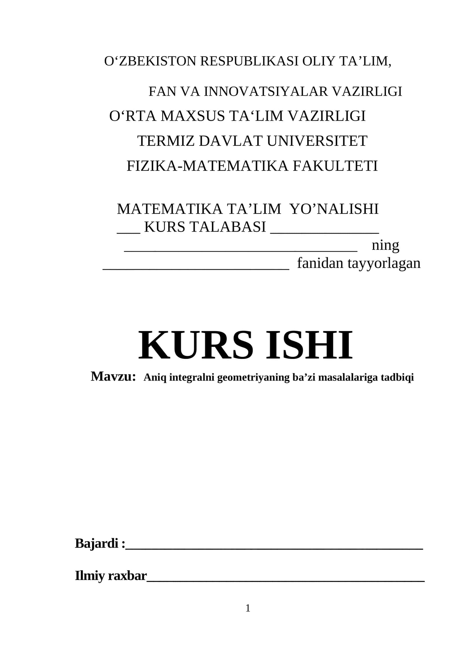 Aniq integralni geometriyaning ba’zi masalalariga tadbiqi 1