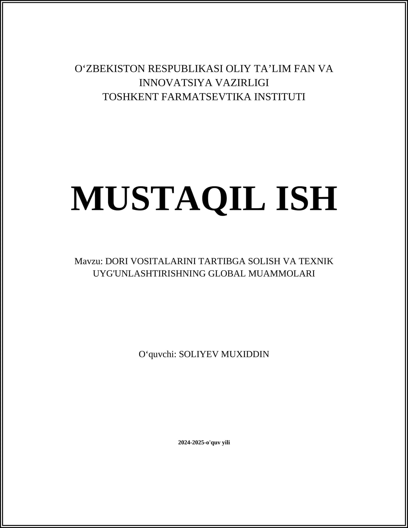 DORI VOSITALARINI TARTIBGA SOLISH VA TEXNIK UYG'UNLASHTIRISHNING GLOBAL MUAMMOLARI 1