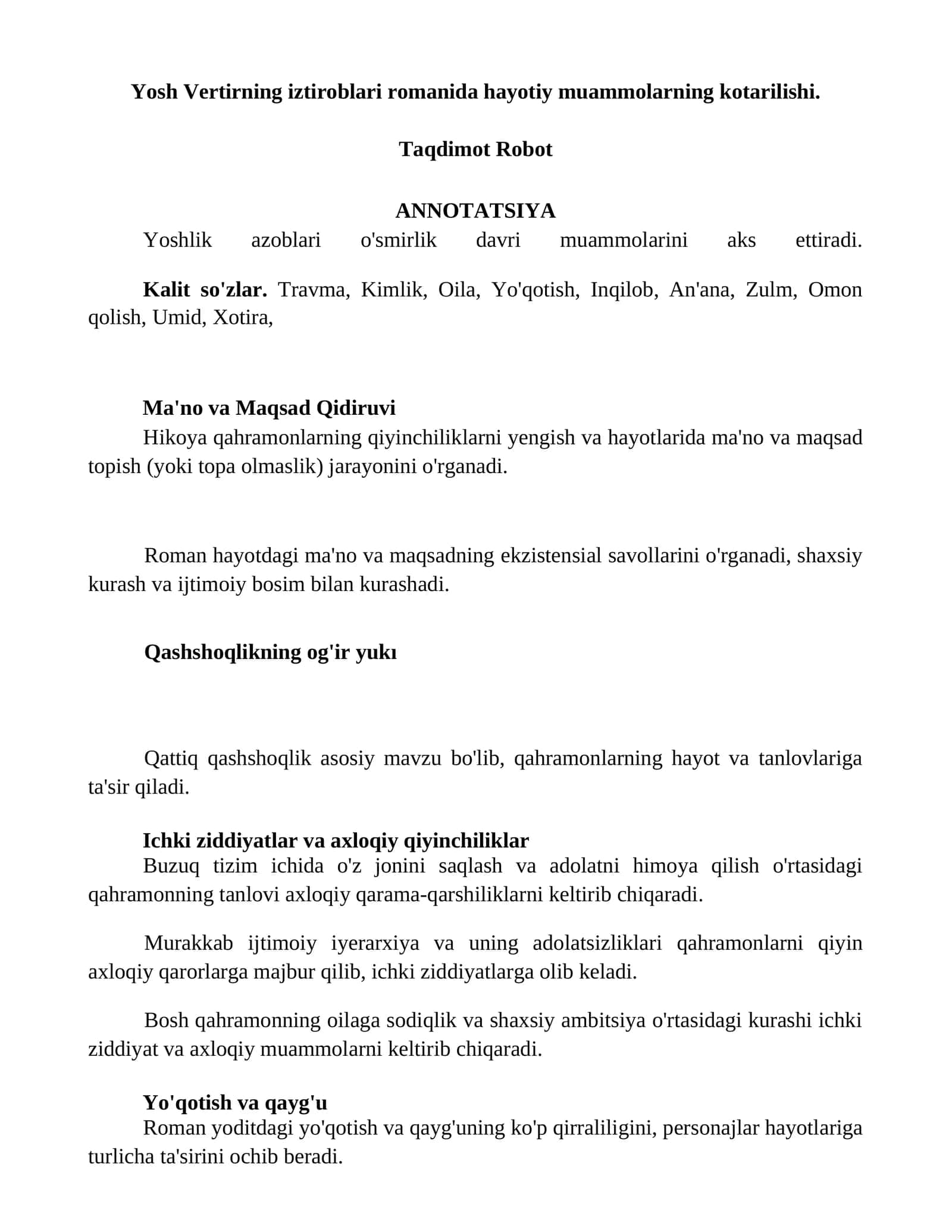 Yosh Vertirning iztiroblari romanida hayotiy muammolarning kotarilishi 1