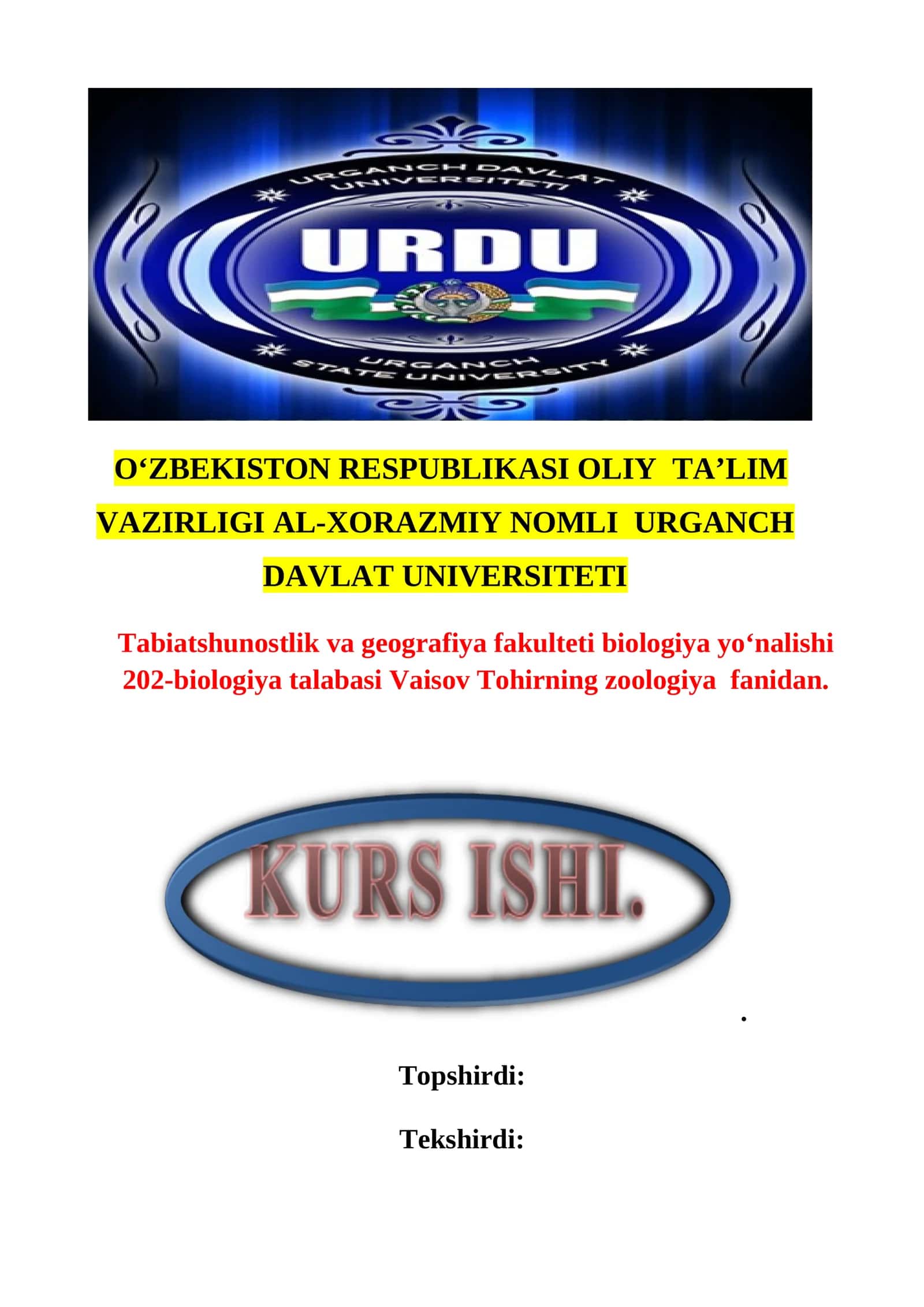 O’RTA OSIYO UMURTQALI HAYVONLARI FAUNASINING BIOLOGIK XILMA-XILLIGI VA ZOOGEOGRAFIYASINING O`ZIGA XOSLIGI 1