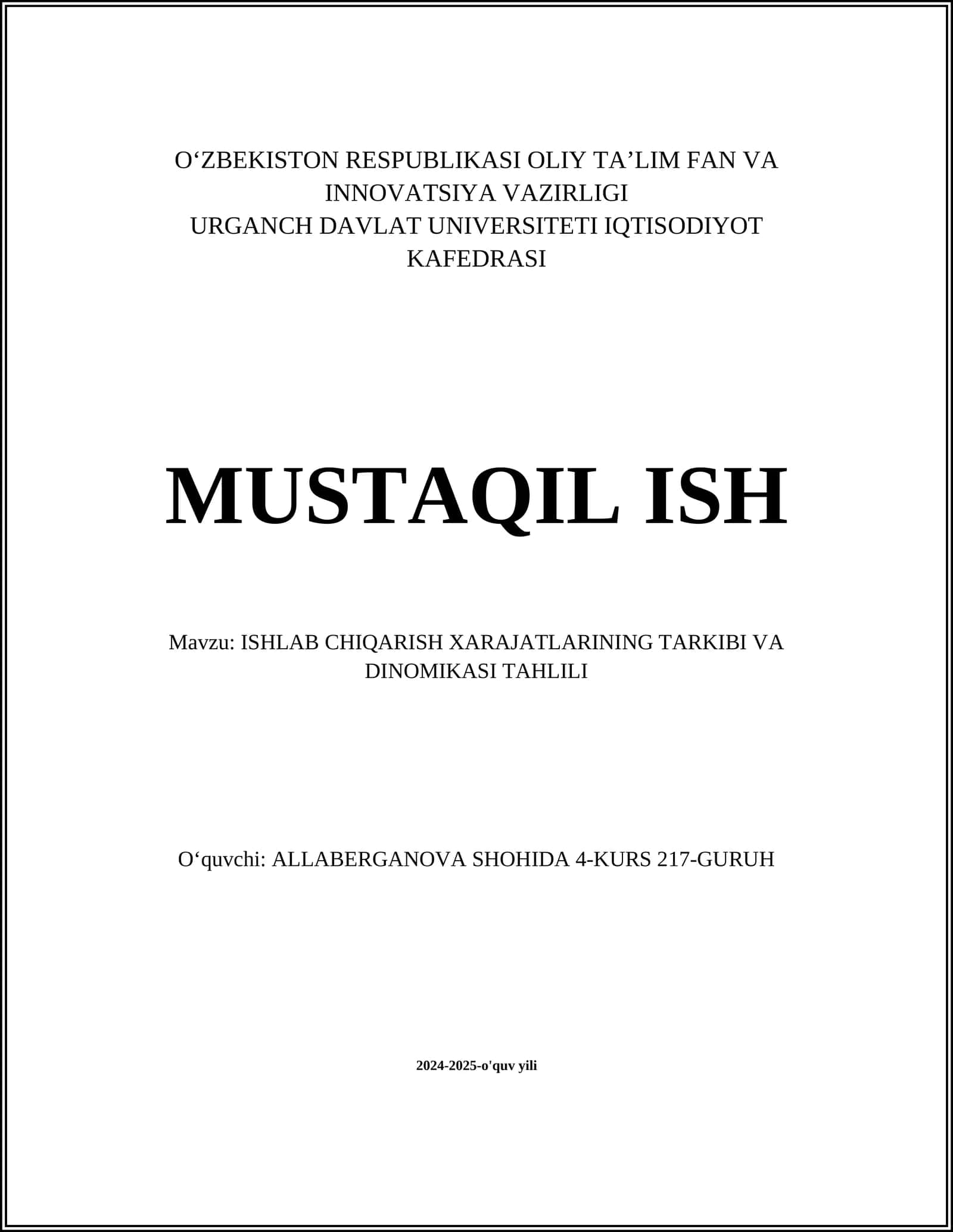 ISHLAB CHIQARISH XARAJATLARINING TARKIBI VA DINOMIKASI TAHLILI 1