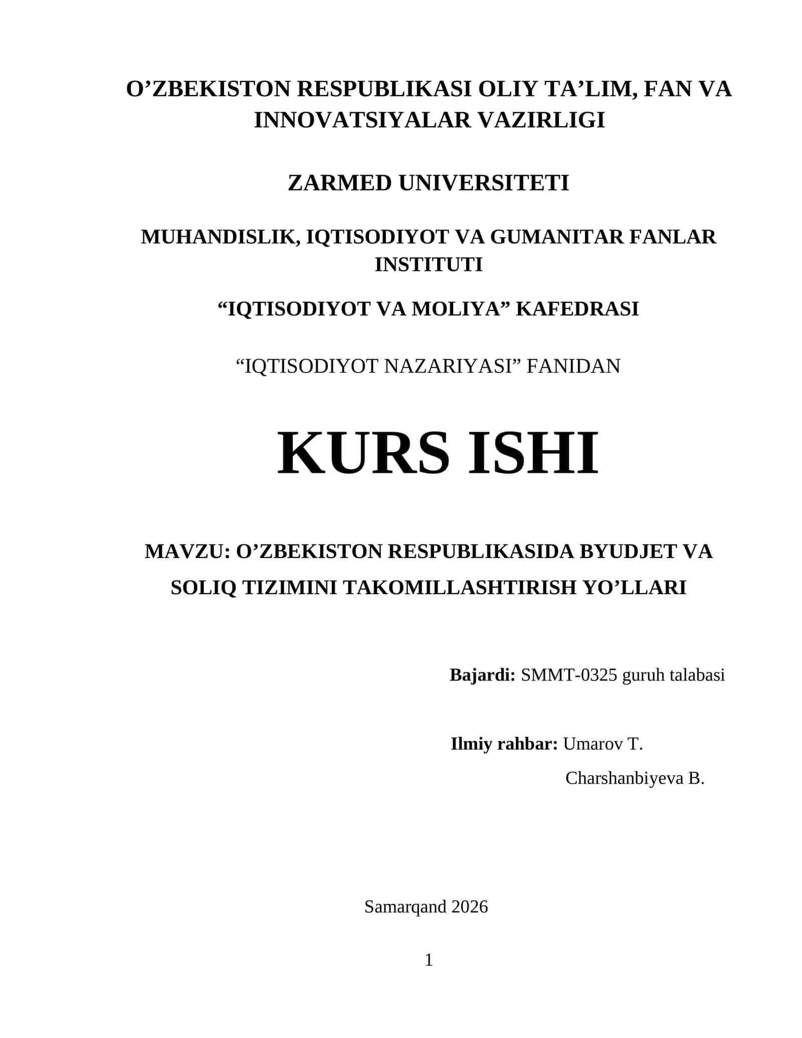 O’ZBEKISTON RESPUBLIKASIDA BYUDJET VA SOLIQ TIZIMINI TAKOMILLASHTIRISH YO’LLARI 1