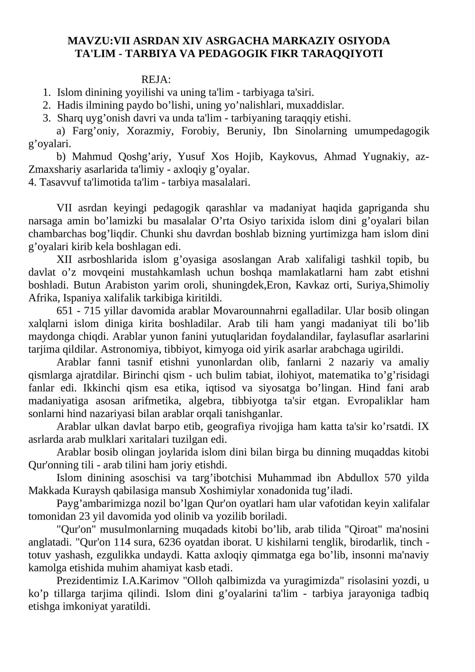 VII ASRDAN XIV ASRGACHA MARKAZIY OSIYODA TA'LIM - TARBIYA VA PЕDAGOGIK FIKR TARAQQIYOTI 1
