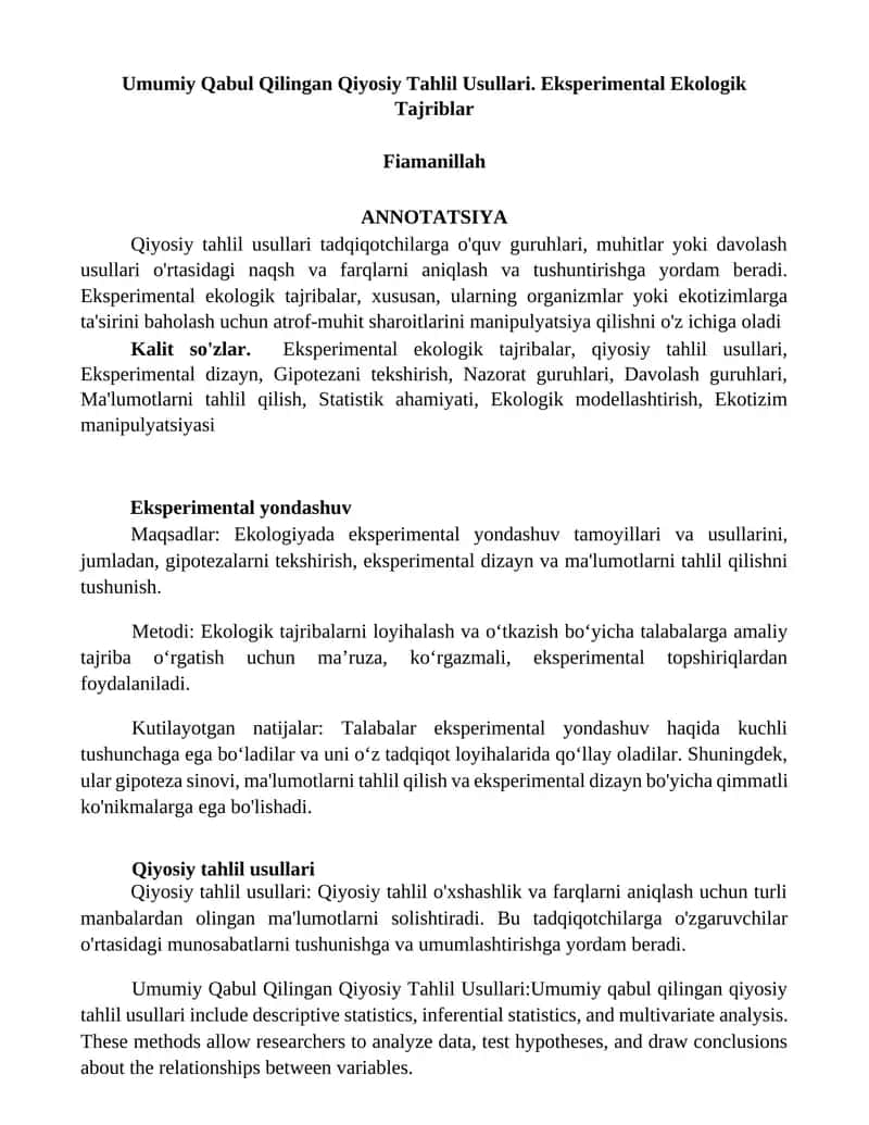 Umumiy Qabul Qilingan Qiyosiy Tahlil Usullari. Eksperimental Ekologik Tajriblar 1