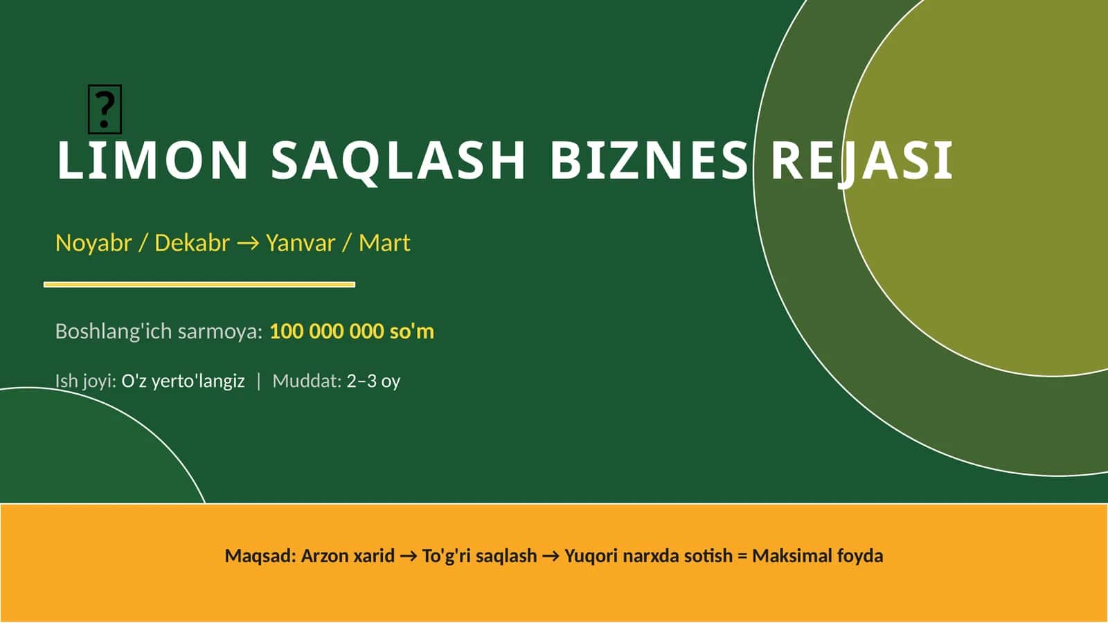 (100 millionlik loyiha ishi)  LIMON SAQLASH BIZNES REJASI 1