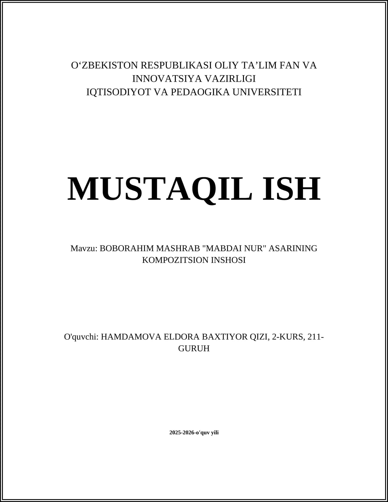 BOBORAHIM MASHRAB "MABDAI NUR" ASARINING KOMPOZITSION INSHOSI 1