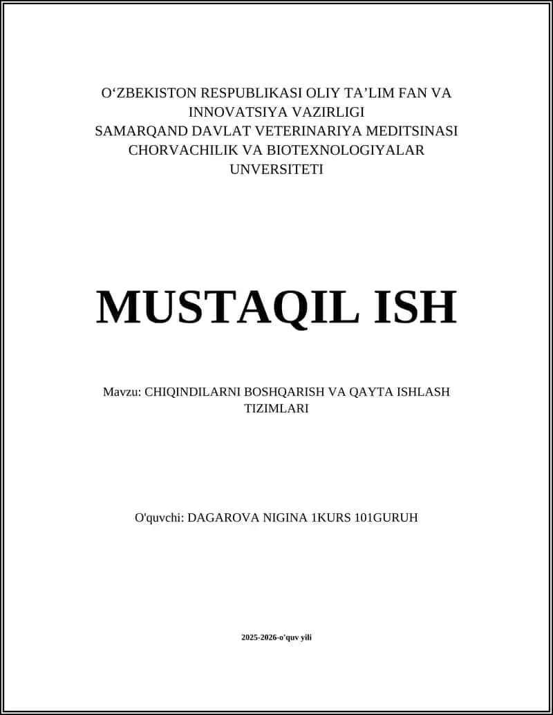 CHIQINDILARNI BOSHQARISH VA QAYTA ISHLASH TIZIMLARI 1