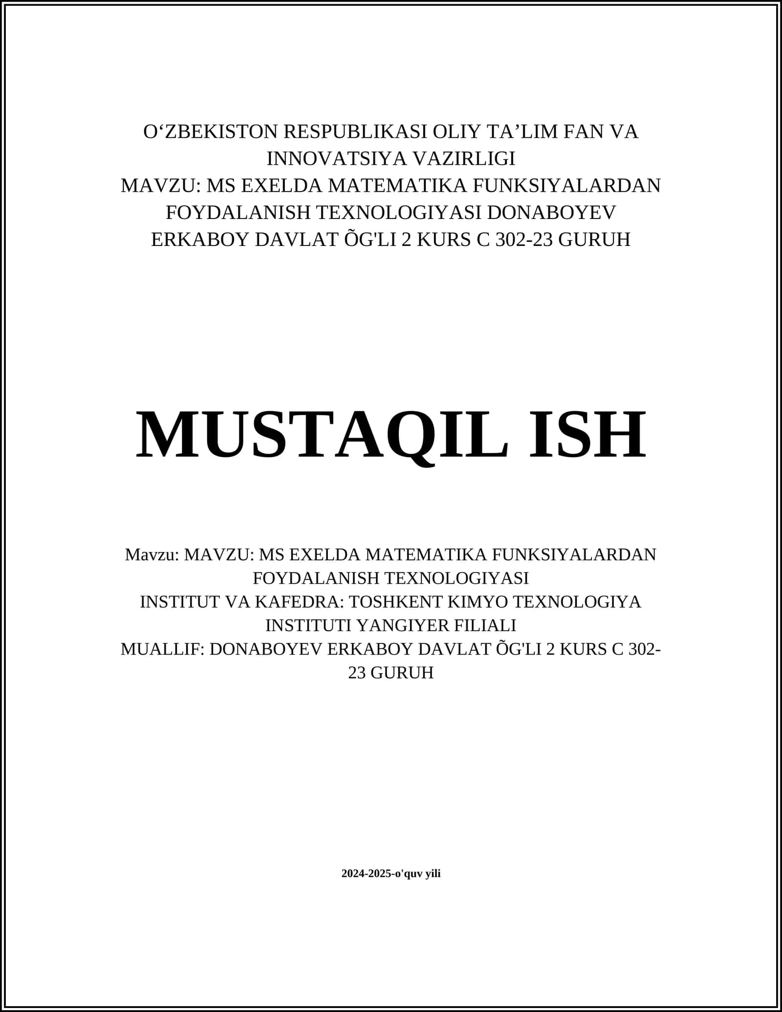 MS EXELDA MATEMATIKA FUNKSIYALARDAN FOYDALANISH TEXNOLOGIYASI 1
