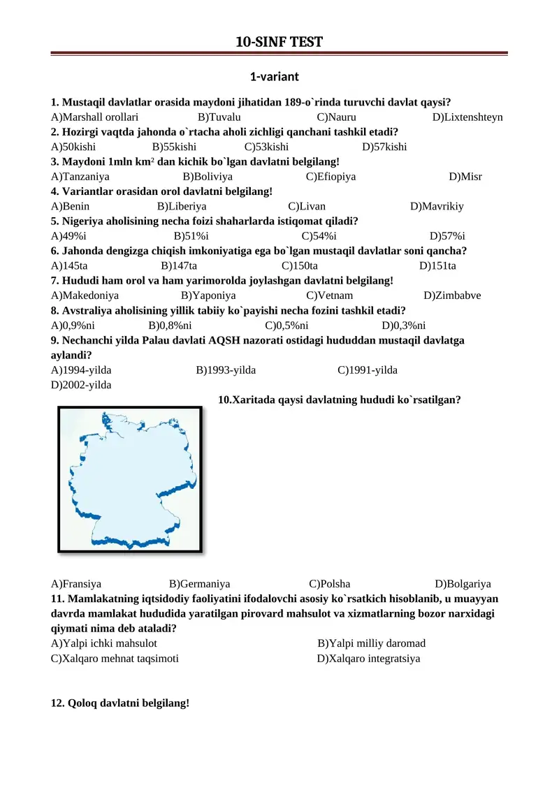 10-sinf. Aralash test. Geografiya 1