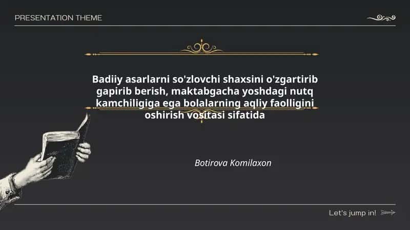 Badiiy asarlarni so'zlovchi shaxsini o'zgartirib gapirib berish, maktabgacha yoshdagi nutq kamchiligiga ega bolalarning aqliy faolligini oshirish vositasi sifatida 1
