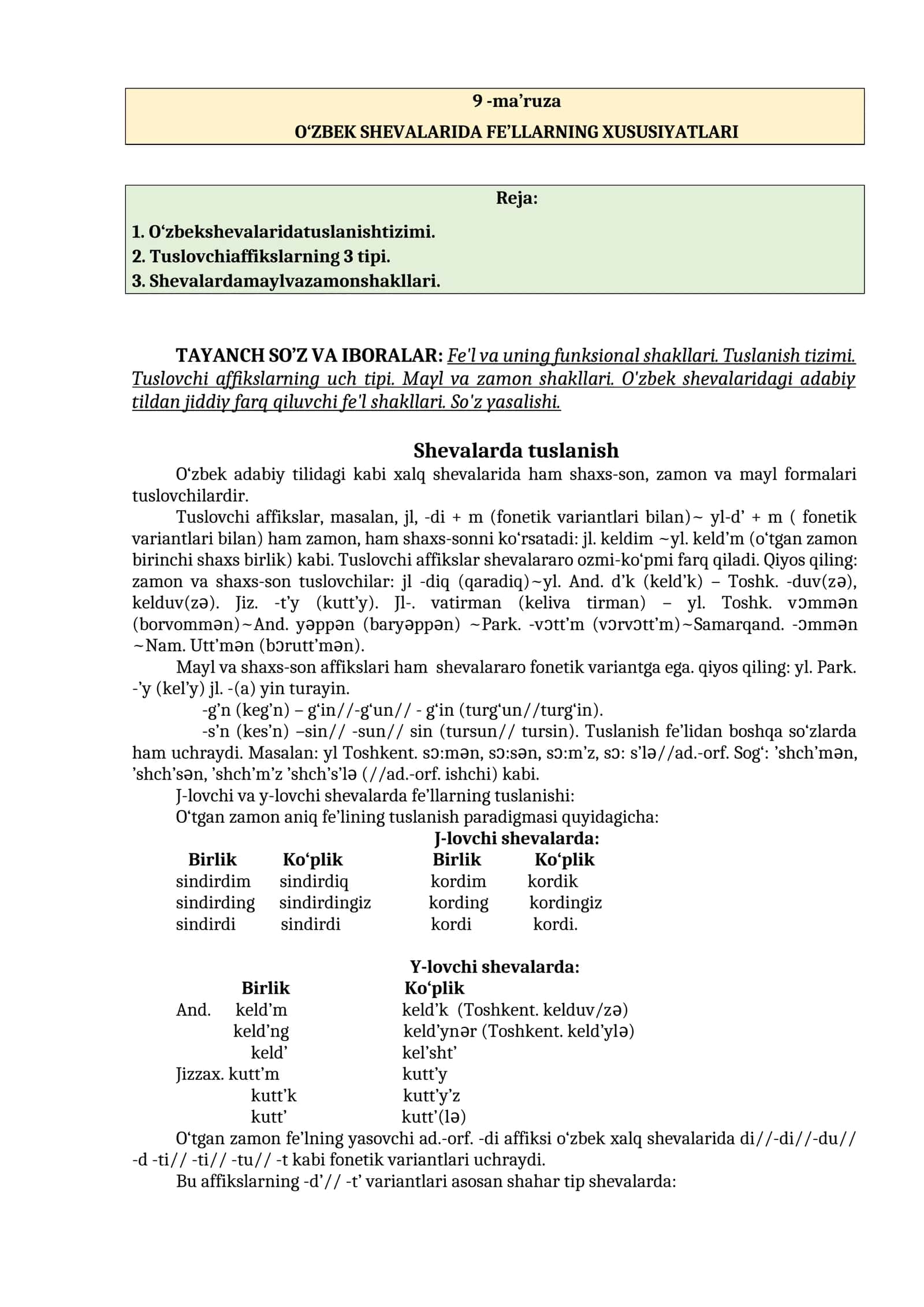 O‘ZBEK SHEVALARIDA FE’LLARNING XUSUSIYATLARI 1