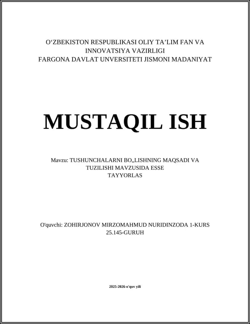 TUSHUNCHALARNI BO„LISHNING MAQSADI VA TUZILISHI MAVZUSIDA ESSE 1