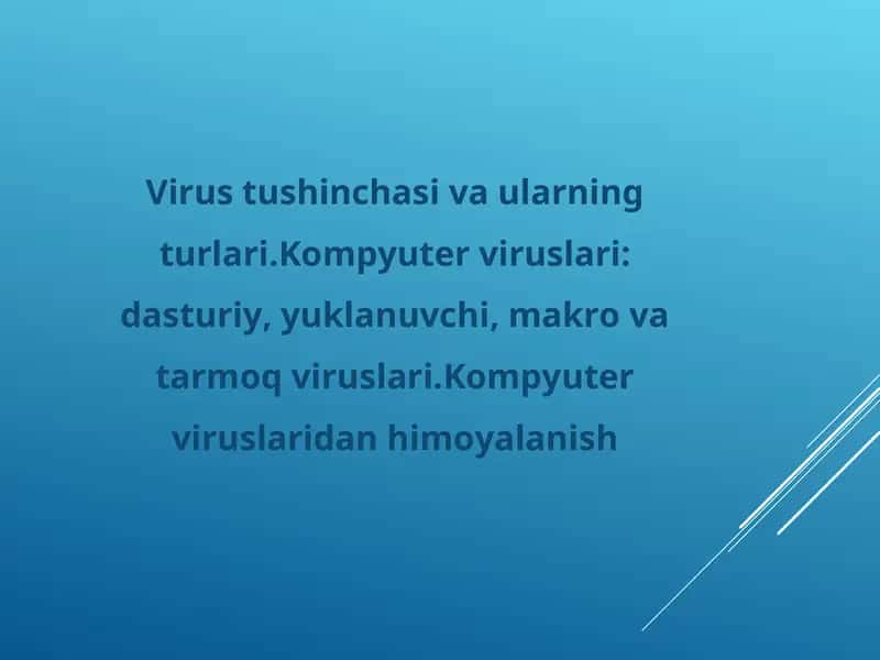 Virus tushinchasi va ularning turlari.Kompyuter viruslari: dasturiy, yuklanuvchi, makro va tarmoq viruslari.Kompyuter viruslaridan himoyalanish 1