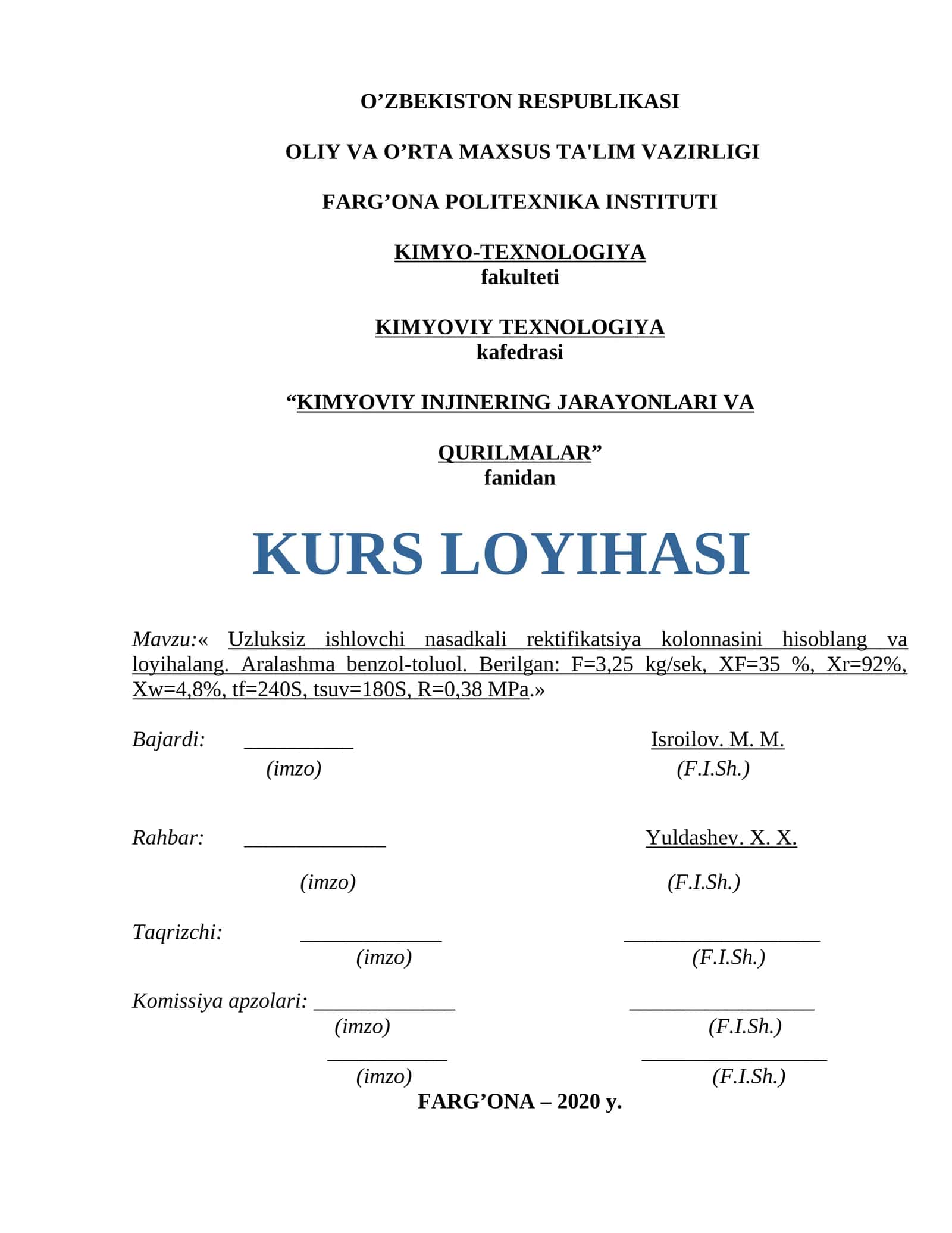 Uzluksiz ishlovchi nasadkali rektifikatsiya kolonnasini hisoblang va loyihalang 1