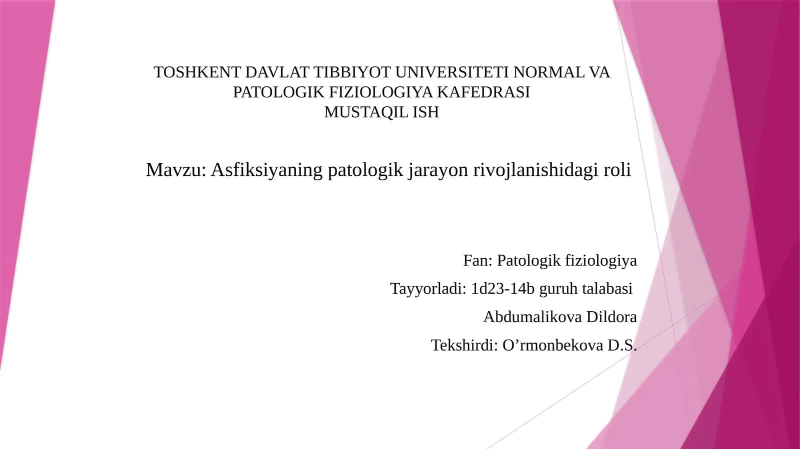 Asfiksiyaning patologik jarayon rivojlanishi 1