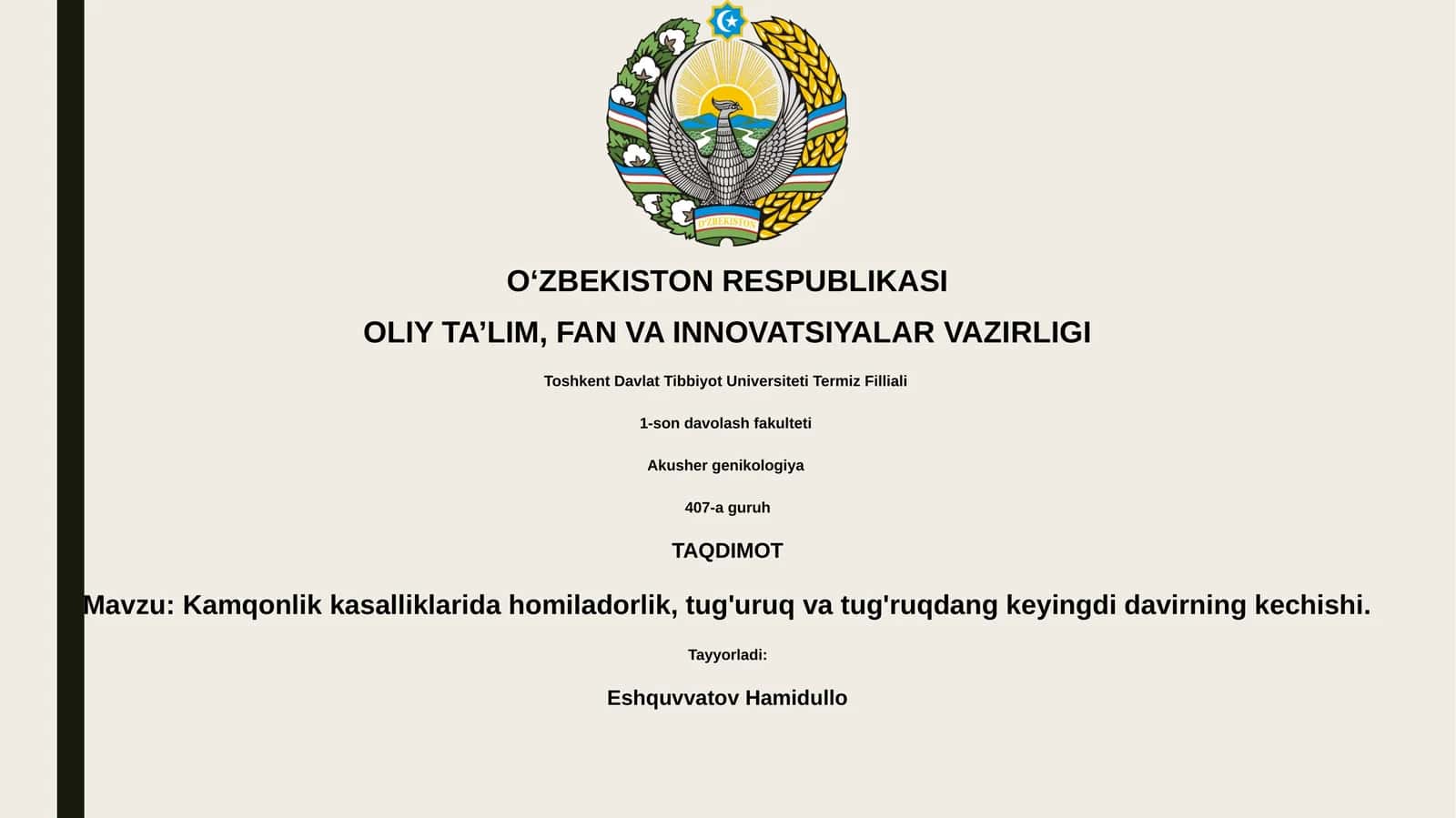 Kamqonlik kasalliklarida homiladorlik, tug'uruq va tug'ruqdang keyingdi davirning kechishi 1