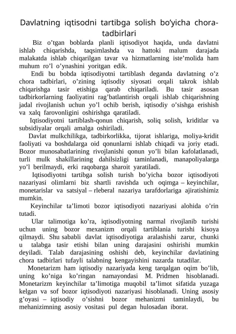 Davlatning  iqtisodni  tartibga  solish  bo’yicha  chora-tadbirlari 1