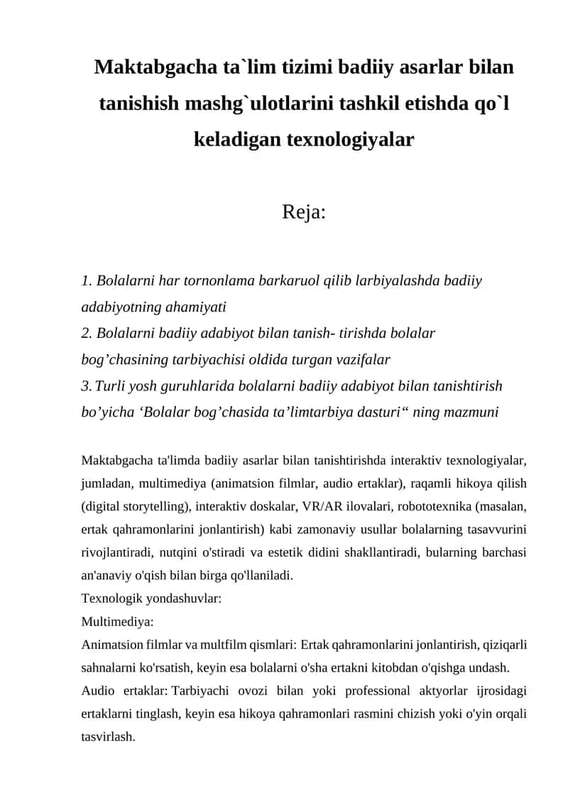 Maktabgacha ta`lim tizimi badiiy asarlar bilan tanishish mashg`ulotlari 1