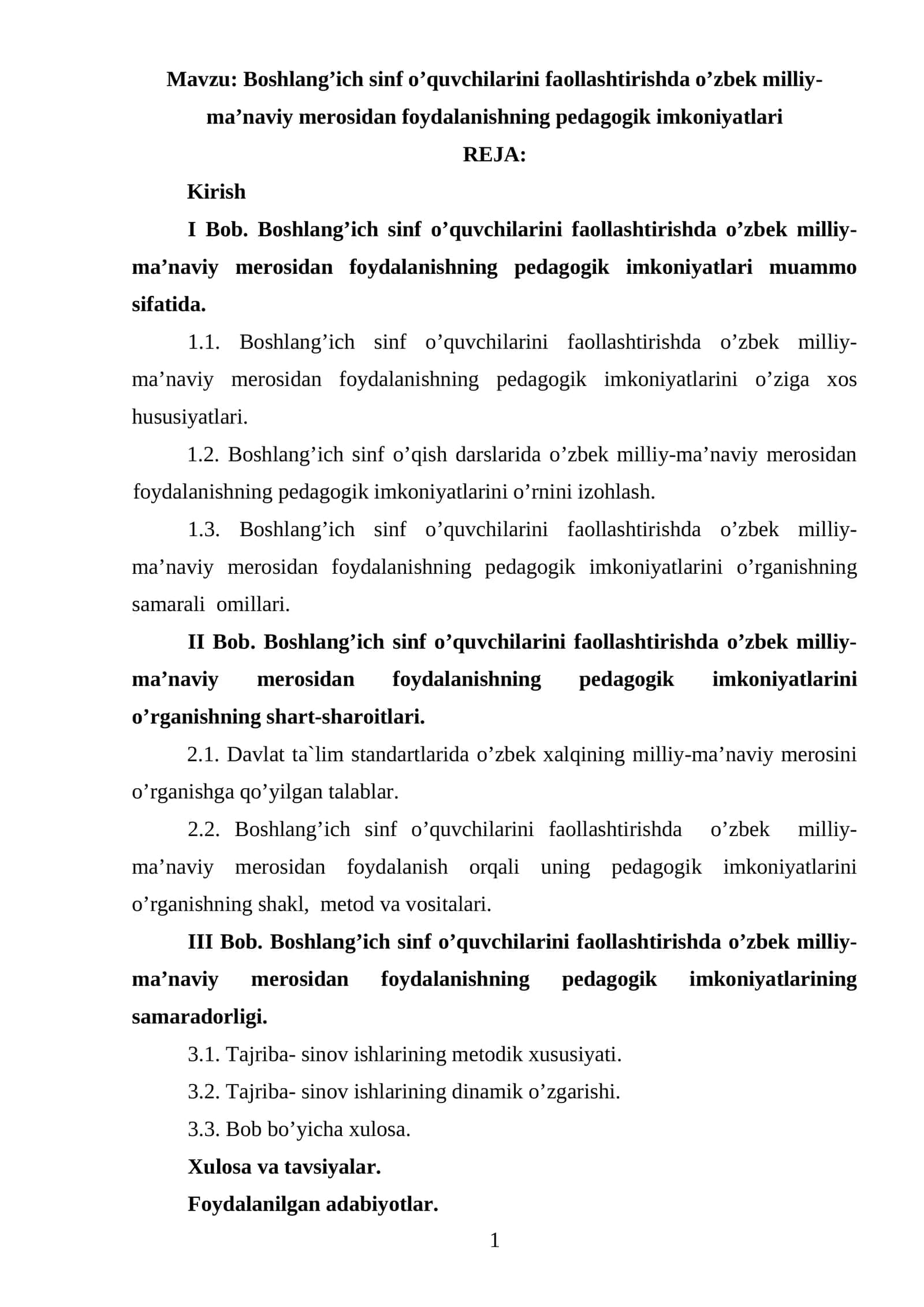Boshlang’ich sinf o’quvchilarini faollashtirishda o’zbek milliy-ma’naviy merosidan foydalanishning pedagogik imkoniyatlari 1