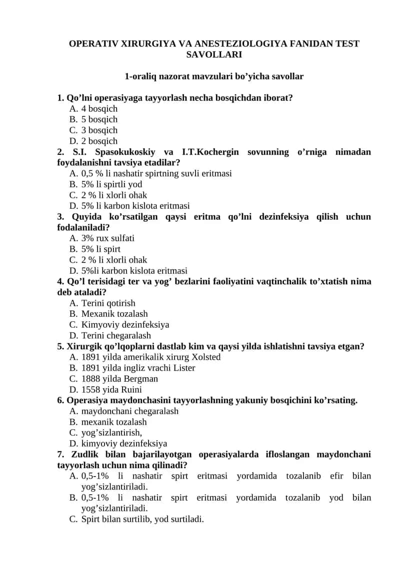 OPERATIV XIRURGIYA VA ANESTEZIOLOGIYA FANIDAN TEST SAVOLLARI 1