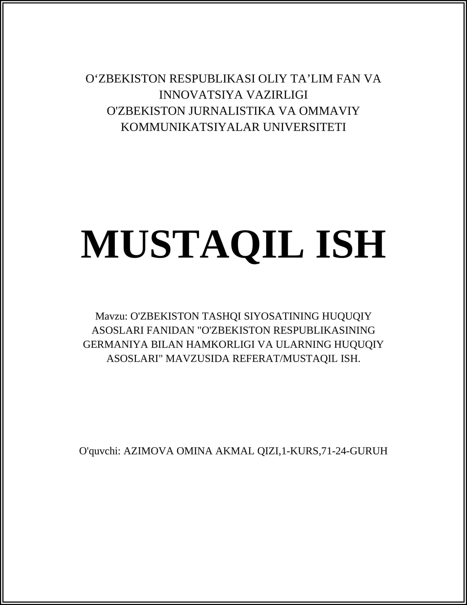 O'ZBEKISTON RESPUBLIKASINING GERMANIYA BILAN HAMKORLIGI VA ULARNING HUQUQIY ASOSLARI 1