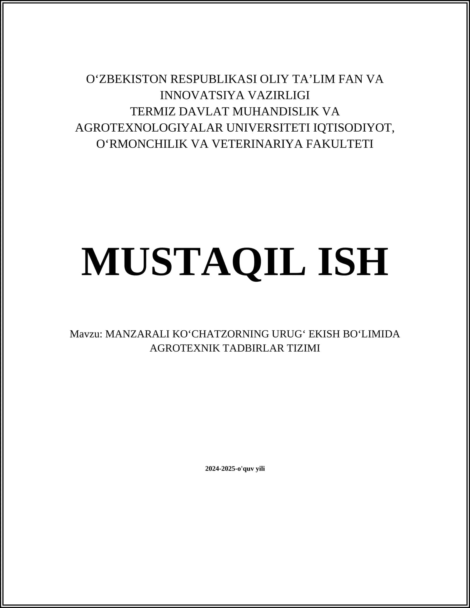 MANZARALI KOʻCHATZORNING URUGʻ EKISH BOʻLIMIDA AGROTEXNIK TADBIRLAR TIZIMI 1