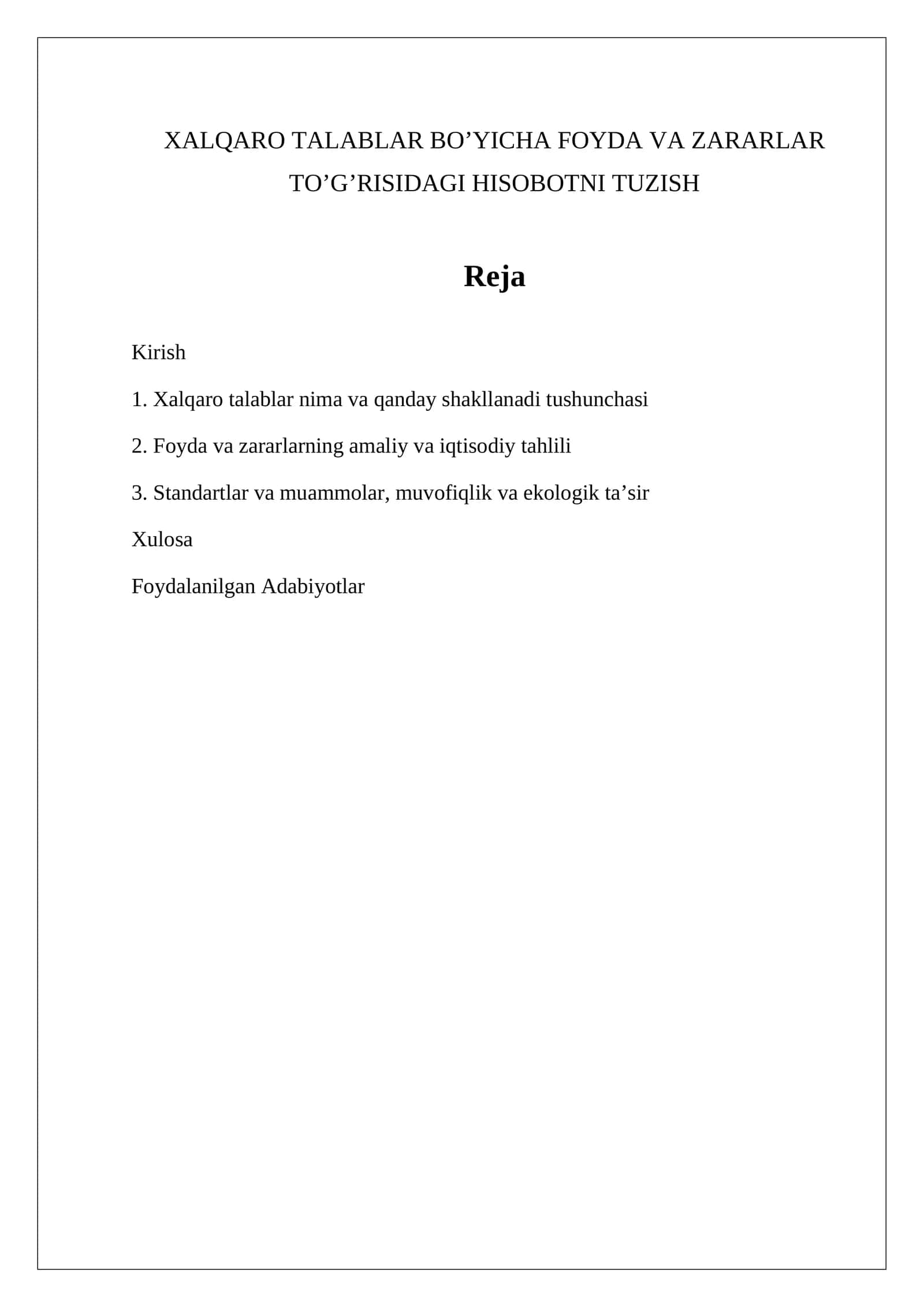 XALQARO TALABLAR BO’YICHA FOYDA VA ZARARLAR TO’G’RISIDAGI HISOBOTNI TUZISH 1
