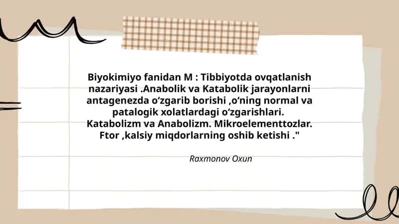 Biyokimiyo fanidan M: Tibbiyotda ovqatlanish nazariyasi 1