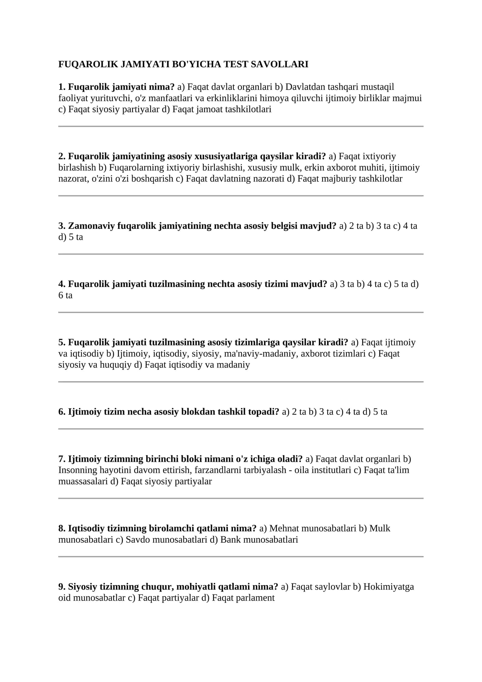 Fuqarolik jamiyati bo'yicha test savollari 1