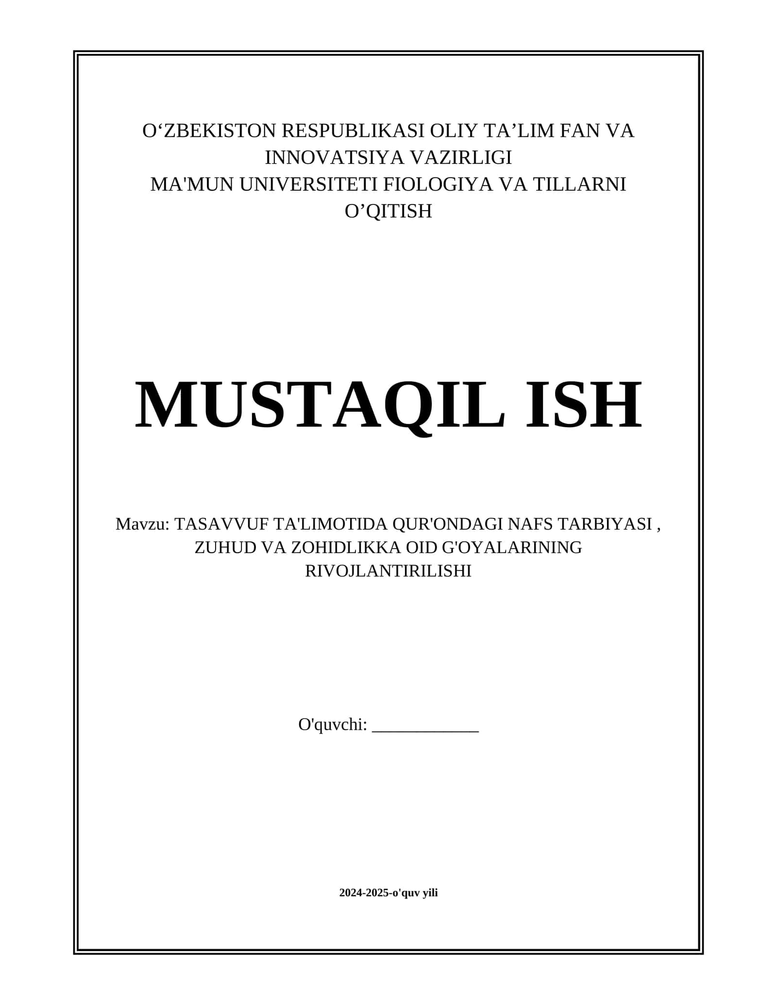 TASAVVUF TA'LIMOTIDA QUR'ONDAGI NAFS TARBIYASI , ZUHUD VA ZOHIDLIKKA OID G'OYALARINING RIVOJLANTIRILISHI 1