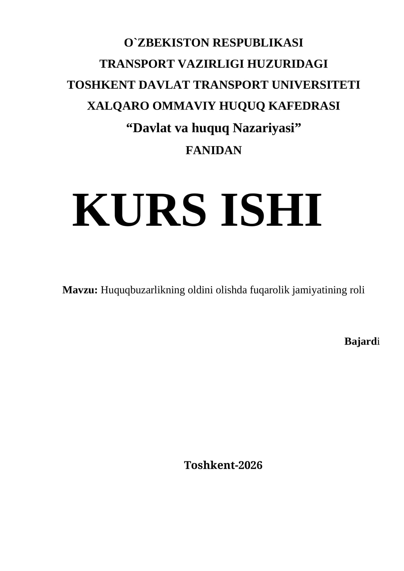 Huquqbuzarlikning oldini olishda fuqarolik jamiyatining roli kurs ishi 1