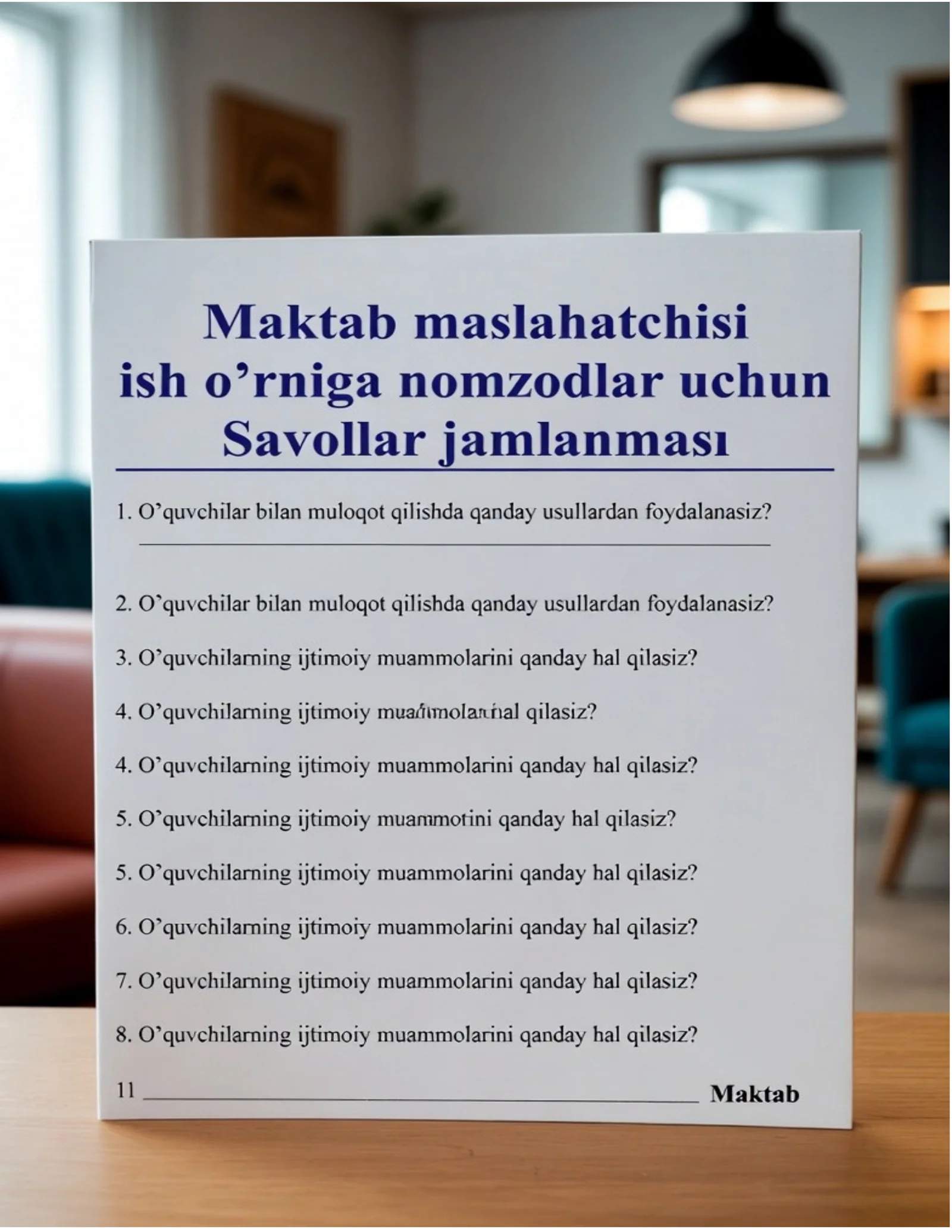 Maktab maslahatchisi lavozimi uchun imtihon savollari va javoblari. 2026 1