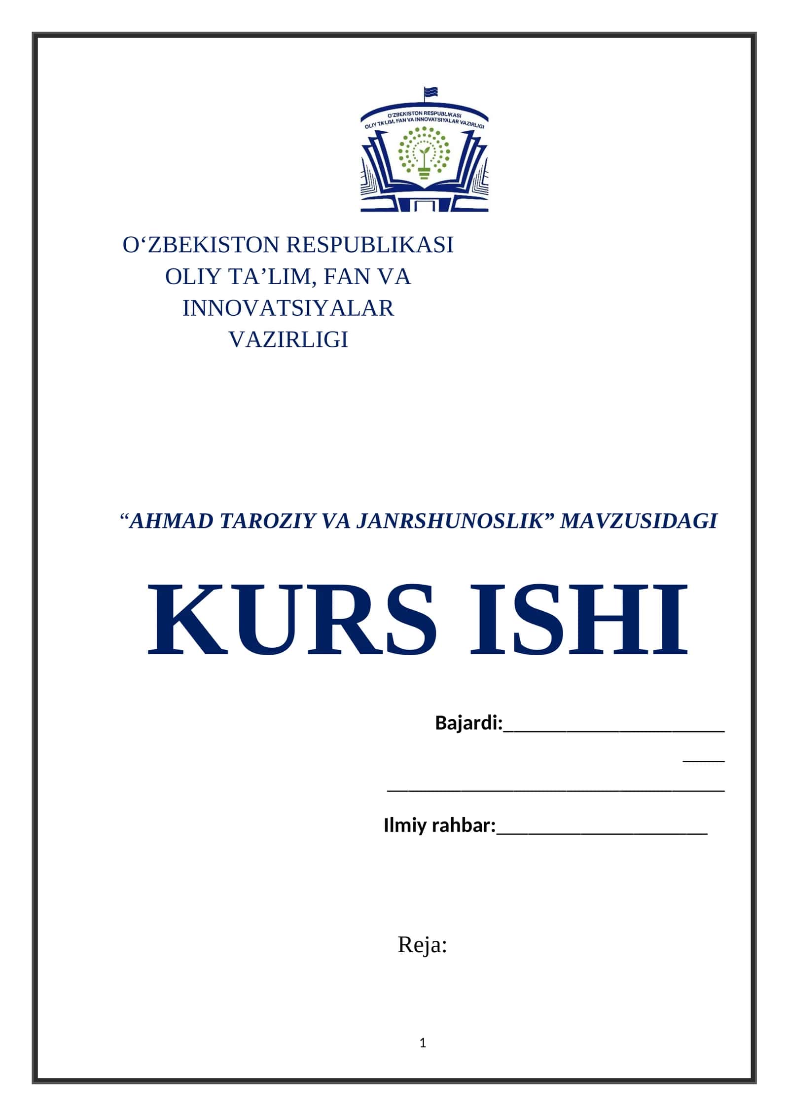 “AHMAD TAROZIY VA JANRSHUNOSLIK” MAVZUSIDAGI KURS ISHI 1