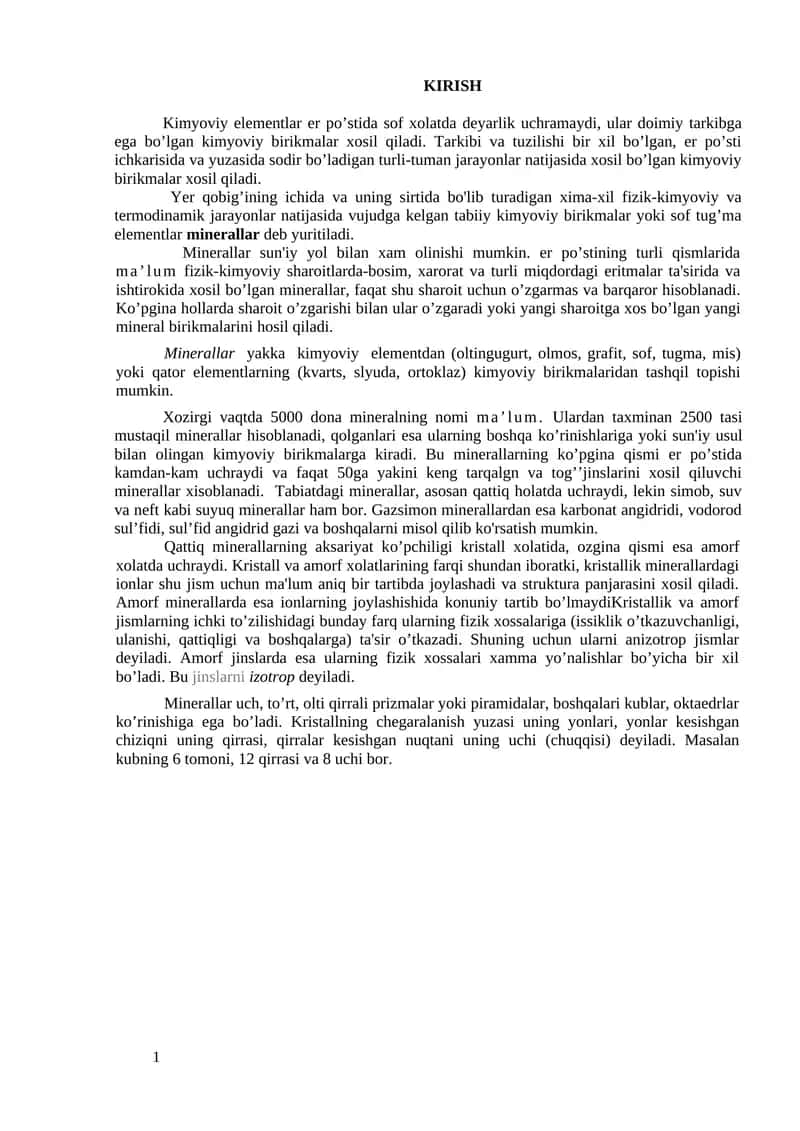 Mineral qit'alar tuzilishi, Uning shakllari va xususiyatlar 1