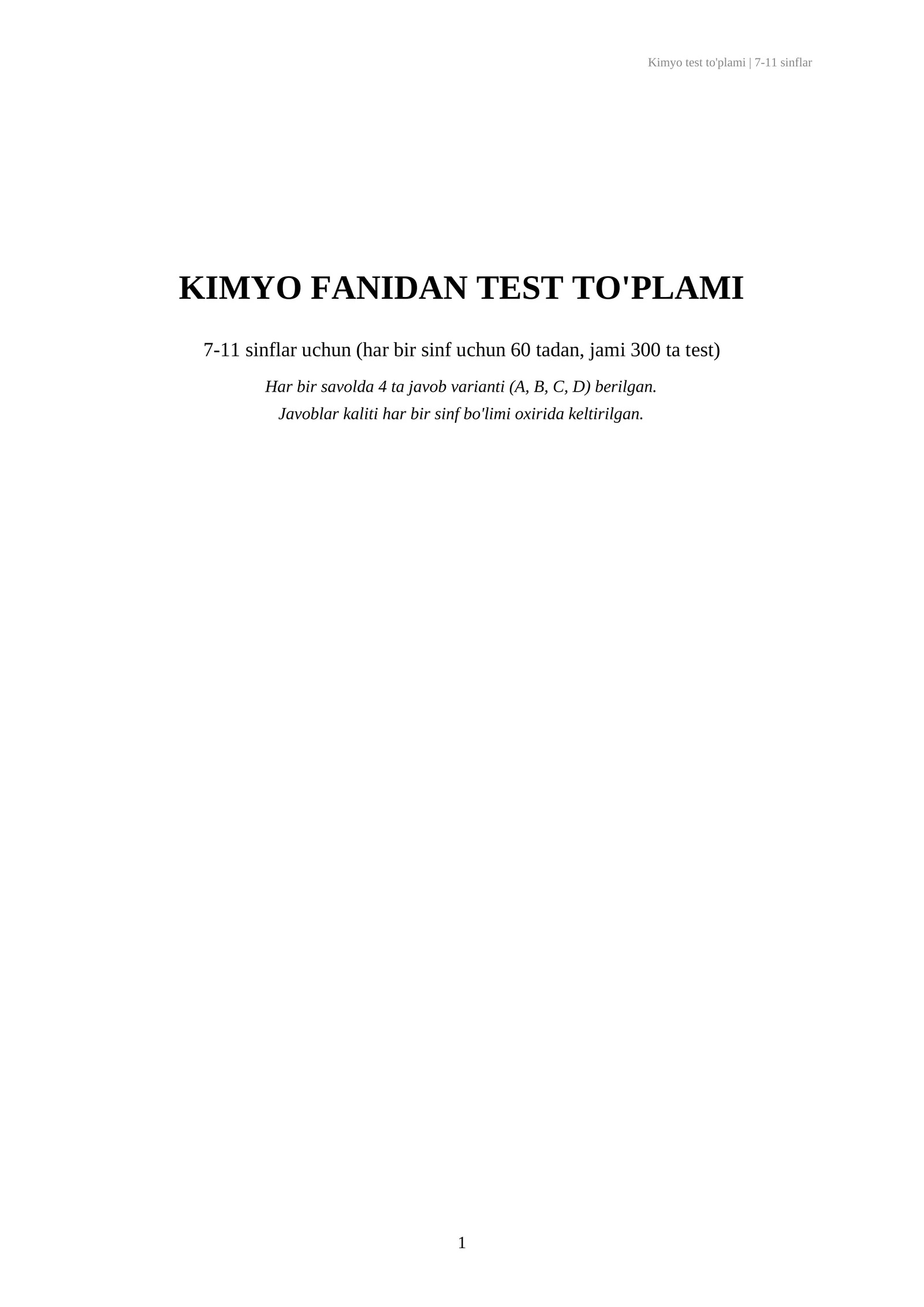Kimyo fanidan test 7-11 sinflar 1