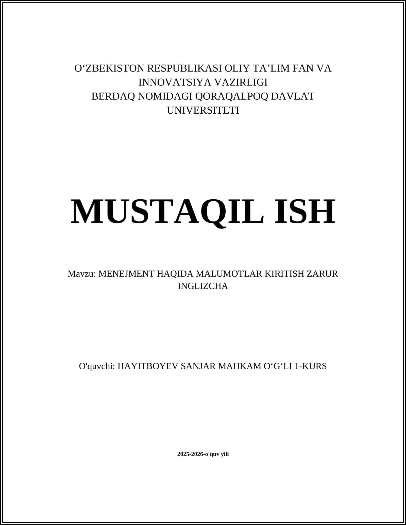MENEJMENT HAQIDA MALUMOTLAR KIRITISH ZARUR INGLIZCHA 1